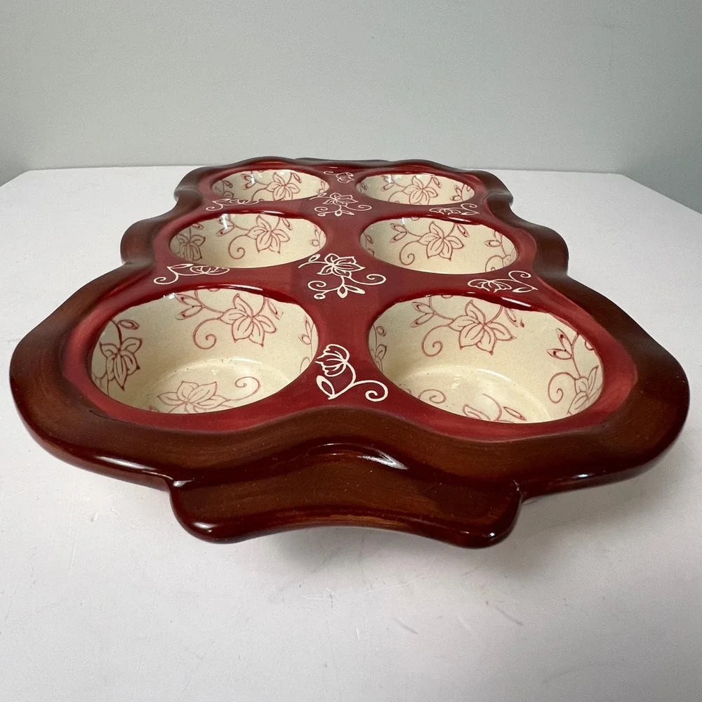 Temp-tations Muffin Pan 6 Cup Cranberry Red Floral Lace Ceramic Stoneware Baker